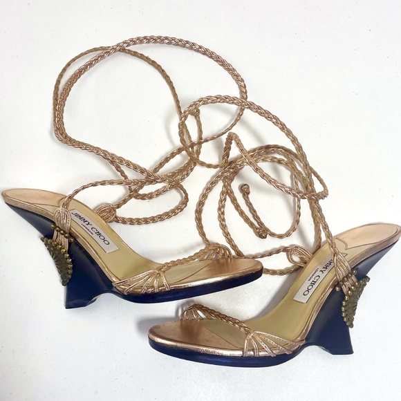 JIMMY CHOO: Rose-gold 'Geisha' braided leather, ankle-wrap wedge. Size 37/37.5. - Picture 5 of 11